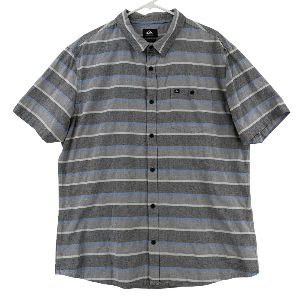 Quiksilver Shirt Mens XL Gray Stripe Short Sleeve Button Up Surf Casual